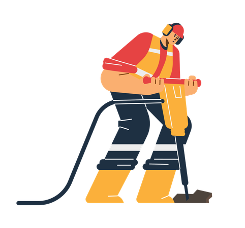 Worker drilling road using drilling machine  Illustration