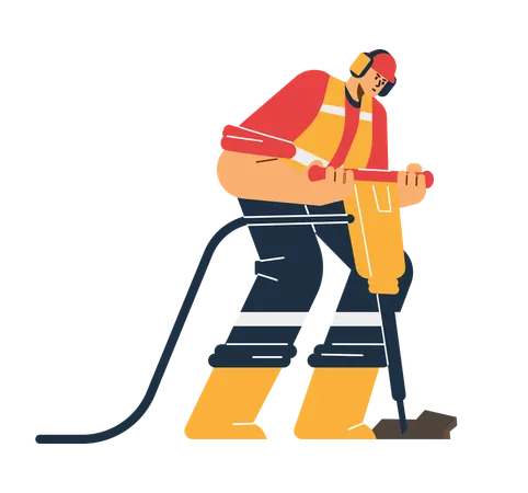 Worker drilling road using drilling machine  Illustration