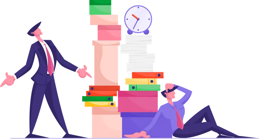 Angry Boss Character Looking On Huge Stack Of Unfinished Paper Documents Employee Office Worker Sitting With Much Paperwork Businessman In Stress Deadline Situation Cartoon Flat Vector Illustration イラスト