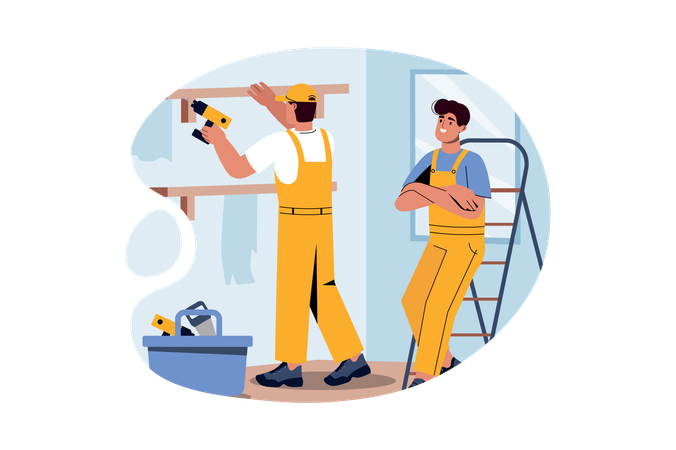 Worker fits drawer on wall  Illustration