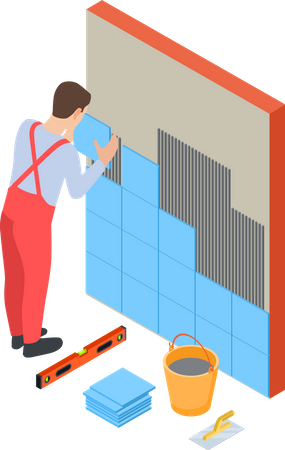 Worker fitting tiles on wall Illustration
