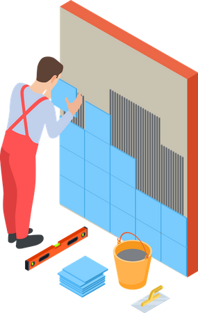 Worker fitting tiles on wall  Illustration