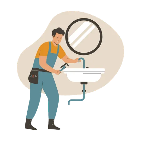 Worker fixing drain in bathroom  Illustration