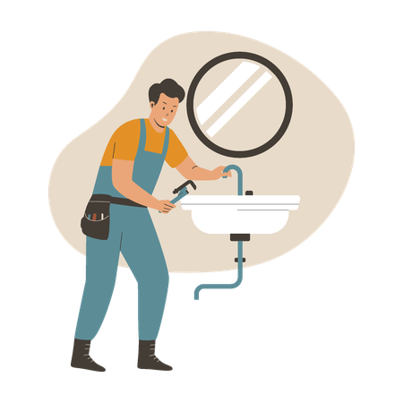 Worker fixing drain in bathroom  Illustration