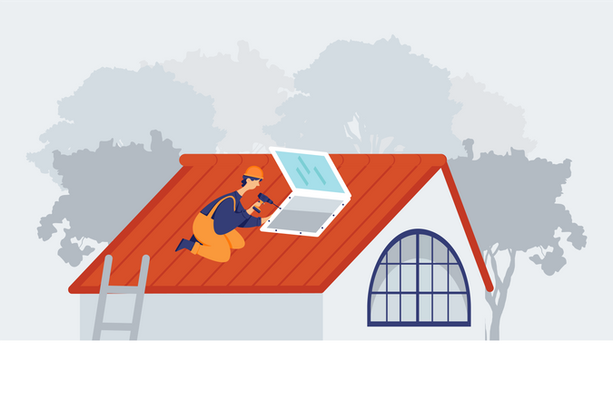 Worker fixing window of roof in home Illustration