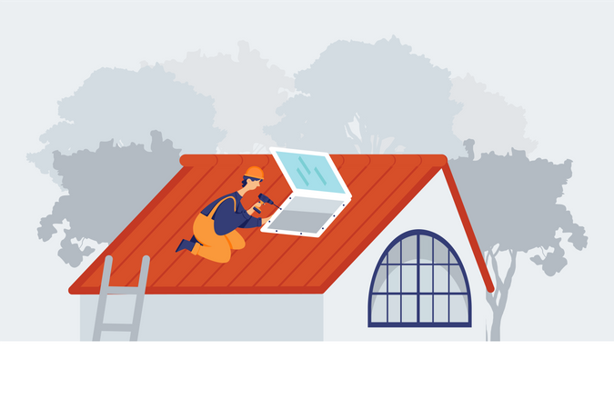 Worker fixing window of roof in home  Illustration