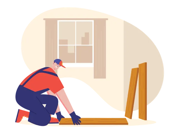 Worker fixing wooden tiles Illustration