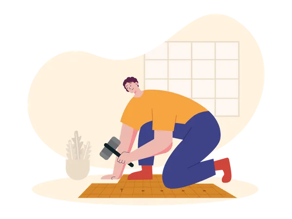 Worker fixing wooden tiles Illustration