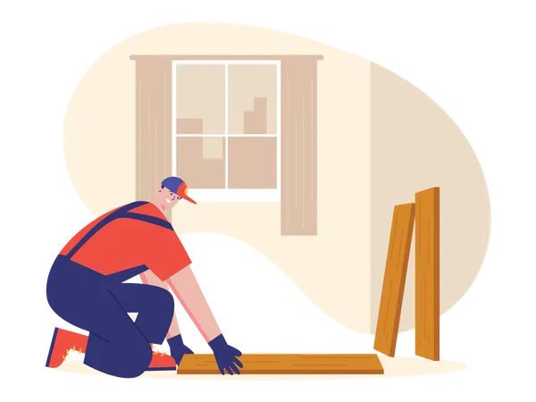 Worker fixing wooden tiles  Illustration