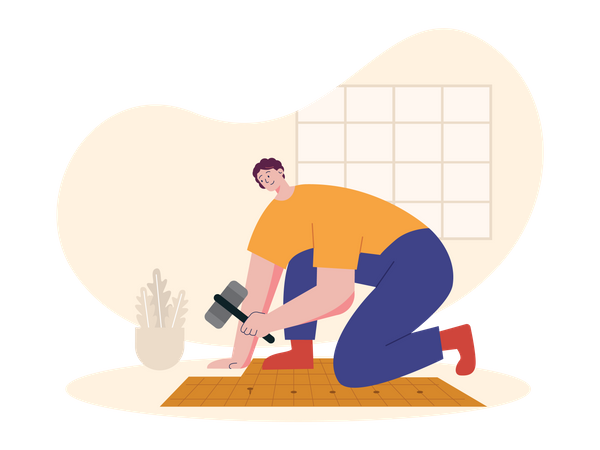 Worker fixing wooden tiles  Illustration