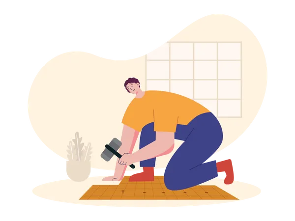 Worker fixing wooden tiles  Illustration