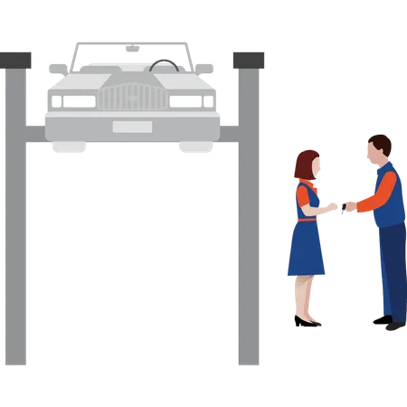 Worker giving car key to girl  Illustration