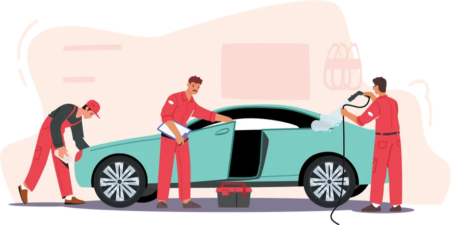 Worker giving final touchup to car after service Illustration