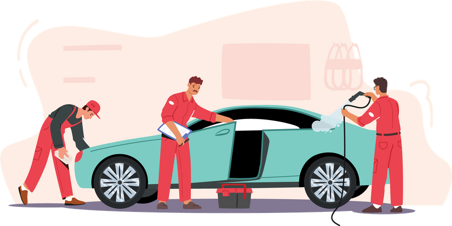 Worker giving final touchup to car after service  Illustration