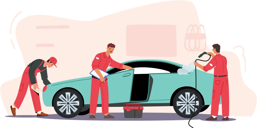 Worker giving final touchup to car after service  Illustration