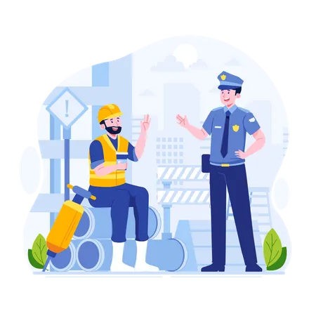 Worker greeting policeman  イラスト