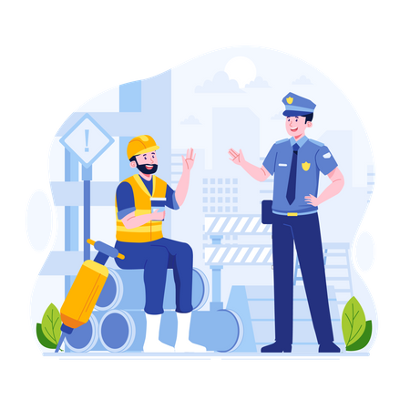 Worker greeting policeman  Illustration