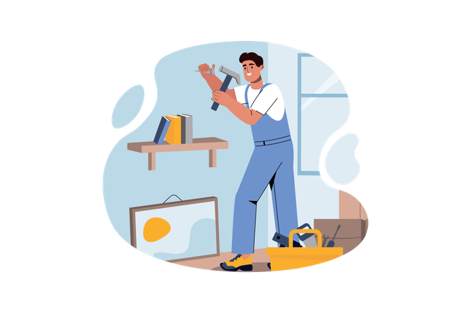 Worker hammering on wall  Illustration