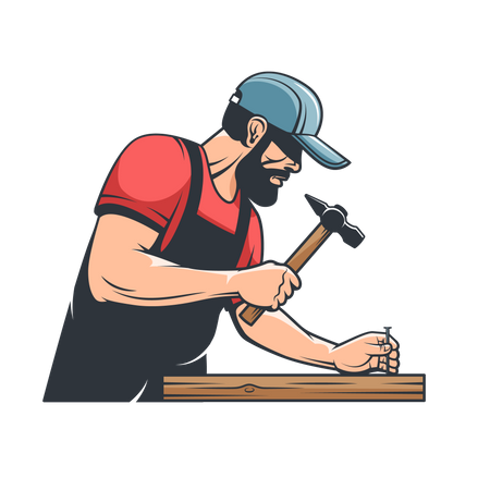 Worker handyman with hammer and nail Illustration