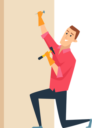 Worker handyman with hammer and nail  Illustration