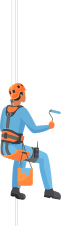 Worker hanging on rope and paints building wall with roller  イラスト