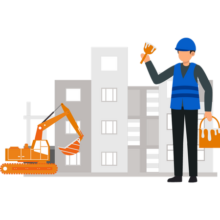 Worker holding bucket of paint  Illustration