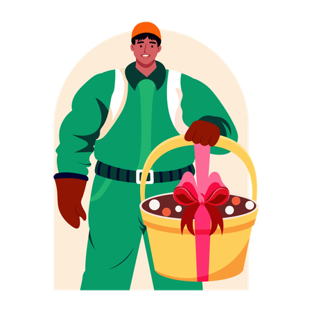 Worker holding gift basket  Illustration