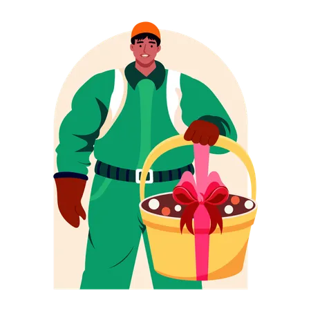 Worker holding gift basket  Illustration