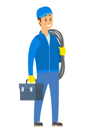 Electric Or Engineer Standing With Rope And Handbag Portrait And Full Length View Of Smiling Worker Wearing Cap And Gloves Construction Element Vector Illustration