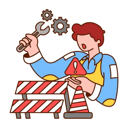 Worker holding wrench and repairing broken machine  Illustration