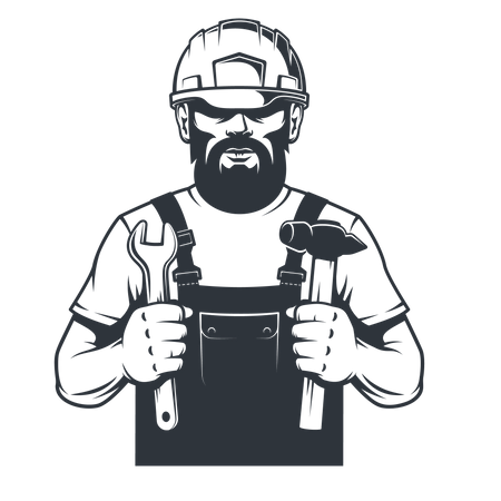 Worker in hard hat mechanic holds hammer and spanner Illustration