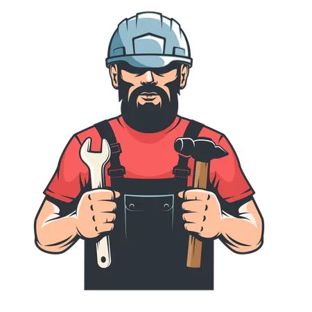 Worker in hard hat mechanic holds hammer and spanner  Illustration