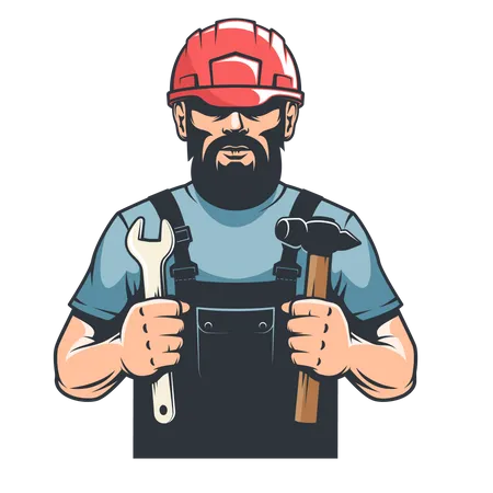 Worker in hard hat mechanic holds hammer and spanner  Illustration