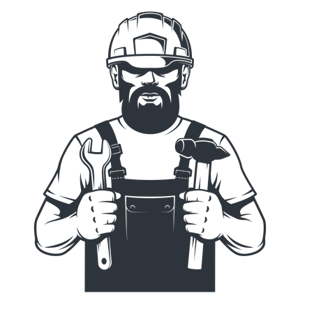 Worker in hard hat mechanic holds hammer and spanner  Illustration