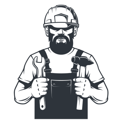 Worker in hard hat mechanic holds hammer and spanner  일러스트레이션