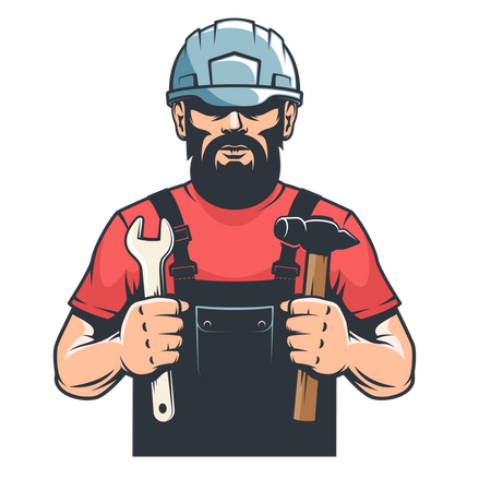 Worker in hard hat mechanic holds hammer and spanner  일러스트레이션