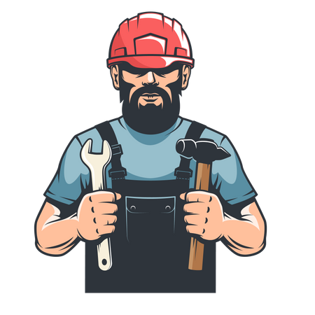 Worker in hard hat mechanic holds hammer and spanner  일러스트레이션