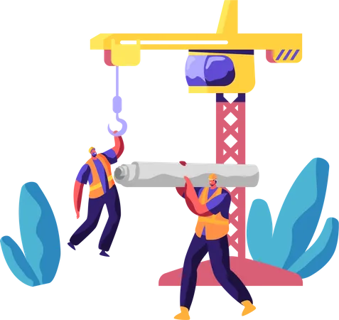 Professional Builder In Uniform In Process Construction Worker In Hardhat Keep Crane Service Urban Building Workman Carry Material For Build Work Flat Cartoon Vector Illustration Illustration