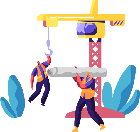 Worker in Hardhat Keep Crane and Carry Material for Build Work  Illustration