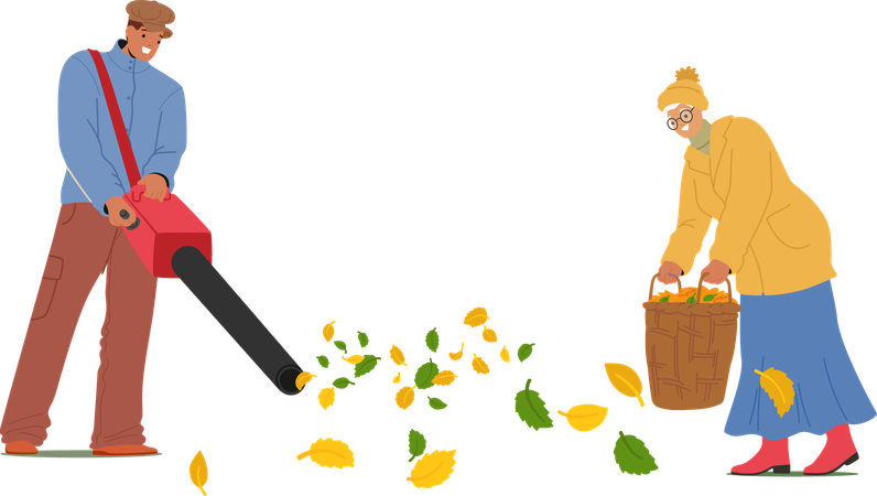 Worker In Park Uses Leaf Blower To Collect Fallen Leaves While Elderly Woman Gathers Leaves Into Basket  Illustration