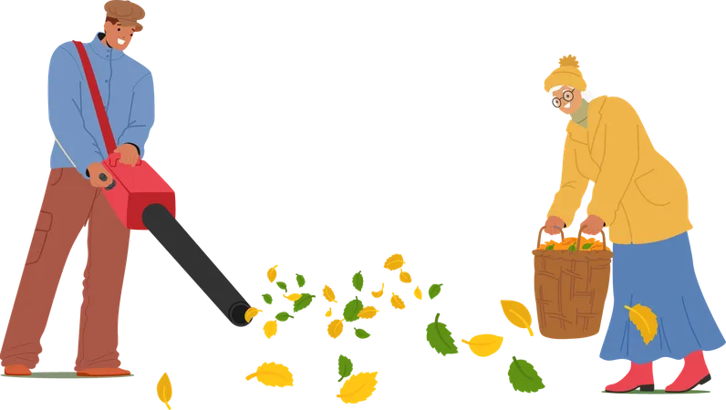 Worker In Park Uses Leaf Blower To Collect Fallen Leaves While Elderly Woman Gathers Leaves Into Basket  Illustration