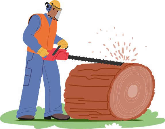 Worker In Protective Gear Uses Chainsaw To Cut Through Large Log  Illustration