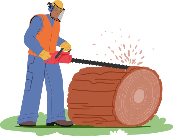 Worker In Protective Gear Uses Chainsaw To Cut Through Large Log  Illustration