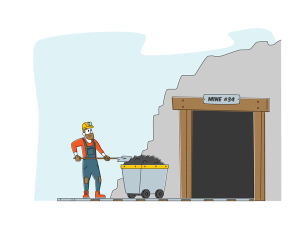 Worker in Uniform and Helmet Stand at Coal Mine Entrance with Trolley with Shovel  Illustration