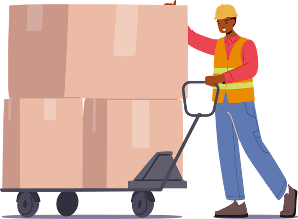 Worker in Uniform Driving Hand Truck with Stack of Carton Boxes  Illustration