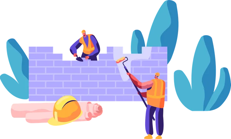 Worker in Uniform in Process Construction Brick Wall Illustration