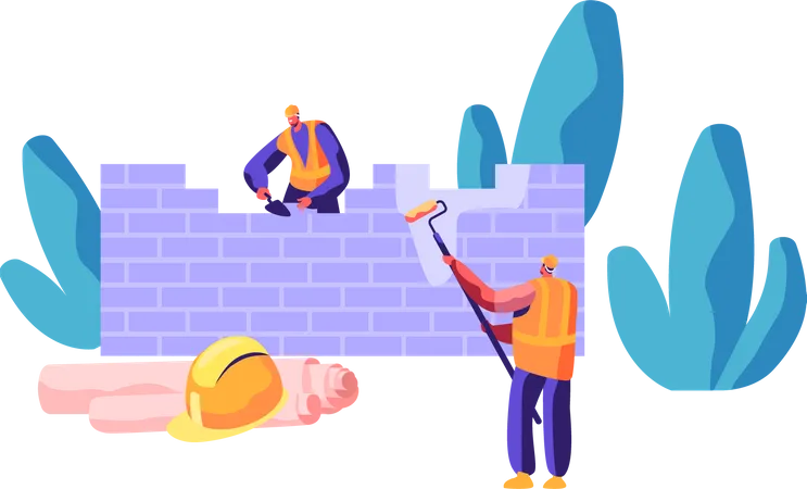 Worker in Uniform in Process Construction Brick Wall  Illustration