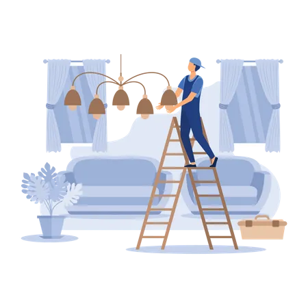 Worker install chandelier at home Illustration