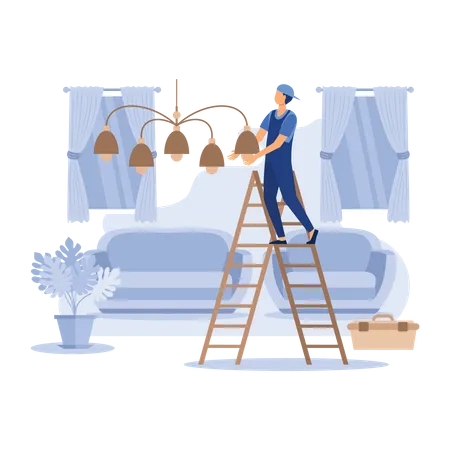 Worker install chandelier at home  Illustration