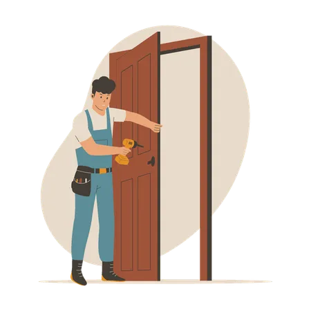 Worker Installing Doors Illustration Illustration